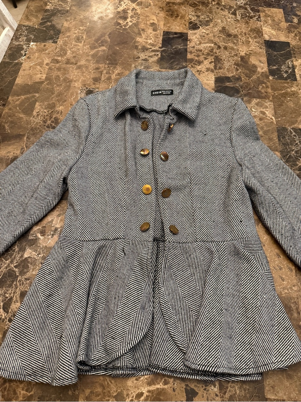 SHEIN Gray Herringbone Peplum Blazer with Gold Buttons - Picture 10 of 16